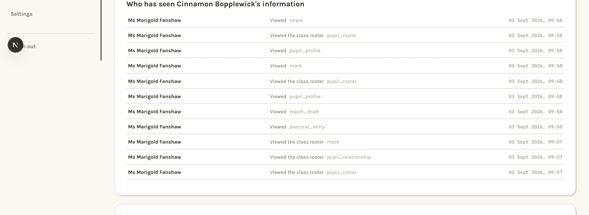 The access log for a single pupil, headed "Who has seen Cinnamon Bopplewick's information": a row for every time her record was opened, marked or shared, each naming the member of staff, what they looked at, and the date and time to the minute.